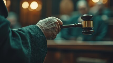 A judge's hand holds a gavel in a courtroom setting, signaling authority and decision-making as spectators listen attentively.