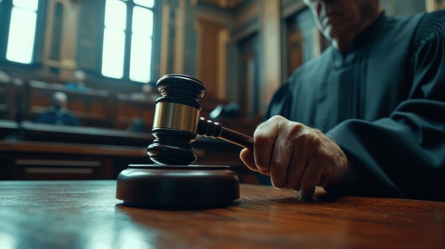 A judge in a courtroom strikes a gavel, symbolizing authority and the judicial process. The setting is formal, highlighting the seriousness of legal proceedings