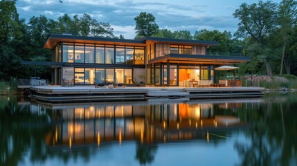 A modern lakeside house with large windows reflecting on the serene water at dusk, showcasing luxury and peaceful living.
