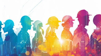 Silhouettes of diverse workers with data overlays