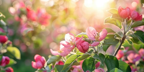 Fruity, flowering apple tree orchard. AI generation