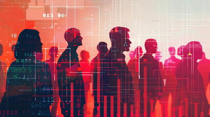 Silhouettes of diverse workers with data overlays