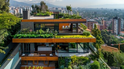 Fototapeta premium Modern architectural design featuring green terraces and urban landscape, blending nature and city living harmoniously.
