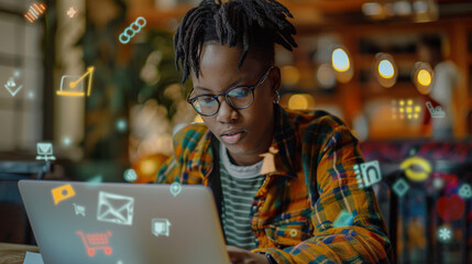 Student engaging in virtual learning with a laptop and floating digital icons for different learning tools