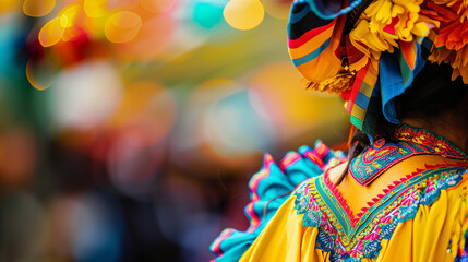 Fototapeta premium Colorful fiesta dance close-up featuring a woman in traditional Mexican costume celebrating at a vibrant festival with a blurred crowd and festive decorations. Captured on a Canon R5 camera, this imag