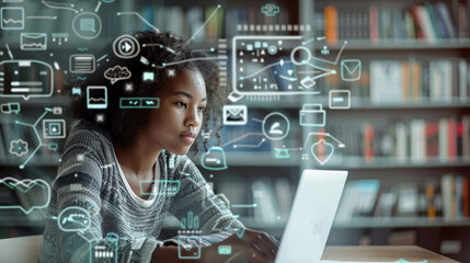 Student participating in virtual learning surrounded by digital icons representing various educational tools