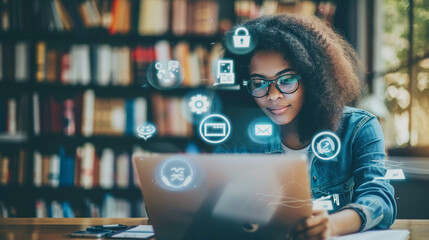 Student studying online with a laptop and floating icons for various e-learning tools