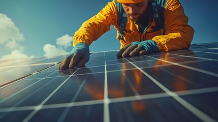 A worker in safety gear performs maintenance on solar panels under a clear blue sky, showcasing the importance of renewable energy