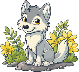 Funny wolf cub vector drawing, ESP, wolf anime grass flowers on white background