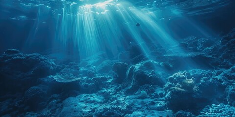 Underwater light creates a beautiful cover of sunlight. Underwater ocean waves are reduced by light rays. AI generation.