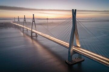Obraz premium A bridge spanning a body of water with cars driving on it, AI