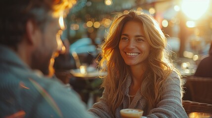 A smiling woman enjoys a cup of coffee at an outdoor cafe during sunset, sharing a joyful moment with a companion, capturing the warmth and happiness of the evening.