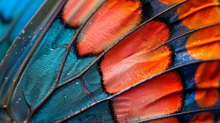 Close up view of a butterfly wing capturing the fine patterns and vivid colors shot from a diagonal angle