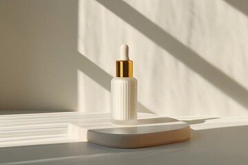 White Serum Bottle with Gold Lid on a Platform in Sunlit Room