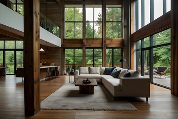 Obraz premium A loft living room where a large, open layout is enhanced by a minimalist window and coffee table.