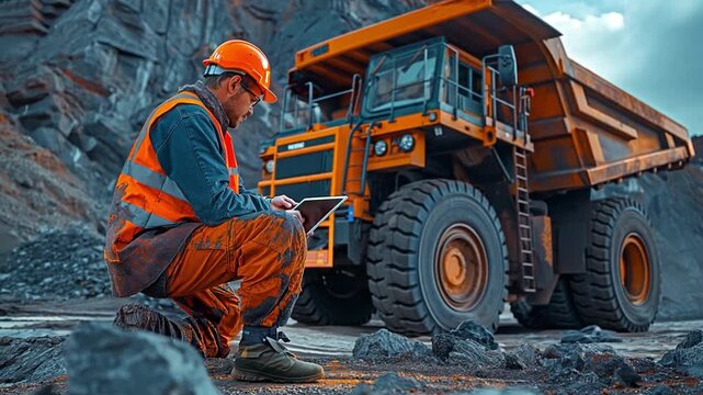 Online concept banner for automated logistics. A man in a uniform drives a dump truck and uses a tablet computer to load coal or freight.