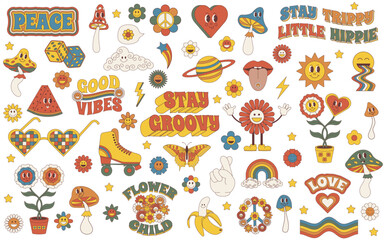 Groovy set. Groovy hippie 70s set. Sticker pack in trendy retro style.