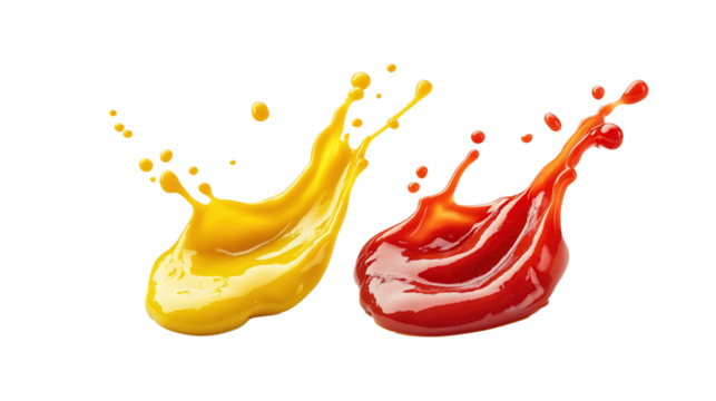 Delicious ketchup and mustard splashes isolated on transparency background 