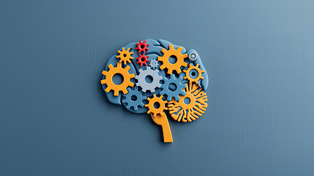 A creative representation of a brain with colorful gears, symbolizing innovation, creativity, and mental processes.