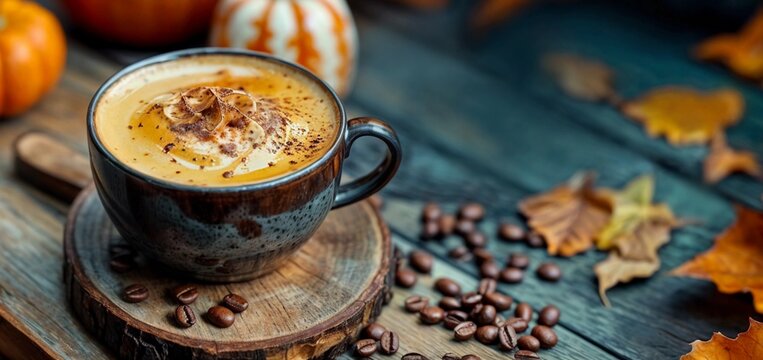 Pumpkin coffee. cappuccino with spice cream. Autumn drink banner. Fall background for Halloween or Thanksgiving. Hot coffee with caramel milk. Cup with pumpkin cocktail. Autumn coffee latte on table