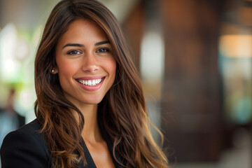 Fototapeta premium A portrait of a young, happy businesswoman with a bright smile and confident demeanor, perfect for corporate materials, career profiles, and business-related promotions. 