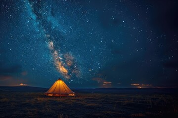 A small tent is set up in a field at night