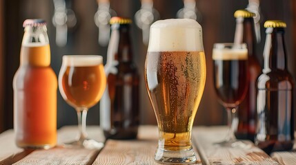 A collection of different beer bottles and glasses on a festive table, National Beer Lover's Day, concept of beer variety celebration