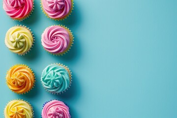 Small cupcakes in vibrant colors on pastel blue background with blank space on the side. Ai generative