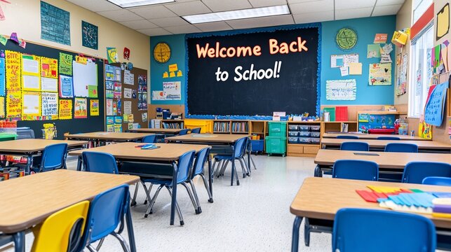 This stock photo captures a lively and bright classroom setting, featuring rows of desks arranged in an orderly fashion. The chalkboard at the front of the room displays the warm greeting Welcome