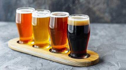 A flight of different craft beers on a wooden paddle, Fresh Draft Beer  Craft  Celebrate, concept of tasting experience