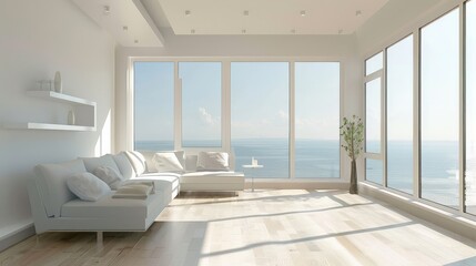 Obraz premium A minimalist living room with sleek furniture and ample sunlight