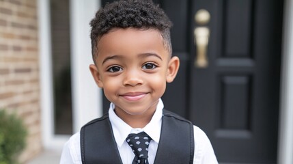 This stock photo features a delightful moment where a child stands proudly in their new school outfit, ready for the first day of school. The childâ€™s expression reflects excitement and pride as they