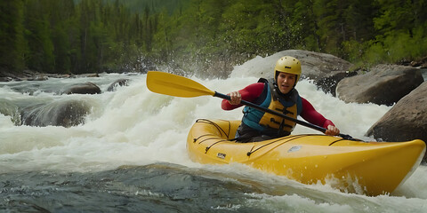 dynamic image of a kayaker navigating a mountain river, with a close-up of their excited and exhilarated expression