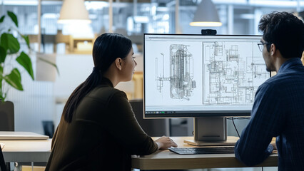 Office Team of Engineers Reviewing and Editing Technical Drawings and Blueprints on Computer, Collaborative Engineering Team Reviewing Technical Blueprints on Computer in Modern Office, Engineers