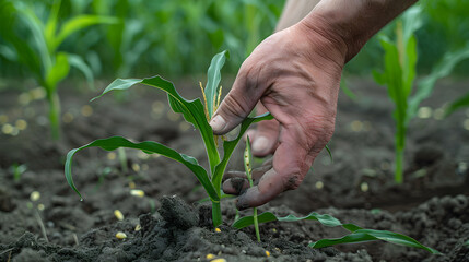 Hand gently touching a young corn plant in a field.