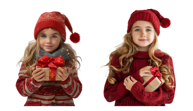 Little girl wearing a Christmas hat and a gift box in her hand