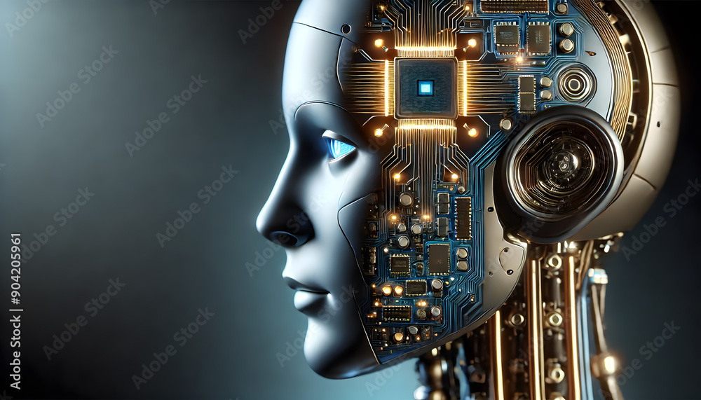 Poster closeup of a robotic face with mechanical components circuits and microchips displaying the future o
