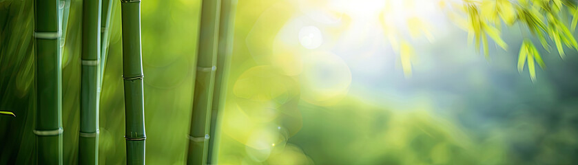 Fototapeta premium Lush green bamboo stalks bathed in sunlight, creating a serene and peaceful atmosphere. Ideal for nature and wellness themes.