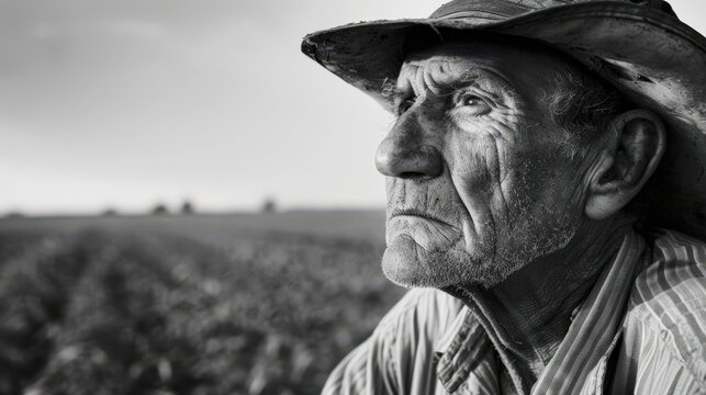An elderly farmer, weathered by time, gazes thoughtfully over his field, reflecting on years of dedication to his land during dusk