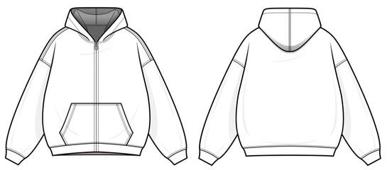 Hoodie Jacket technical fashion illustration. hoodie vector template illustration. Front zipper. front & back view. oversized. drop shoulder. unisex. white color. CAD mockup set. © aivenstudio