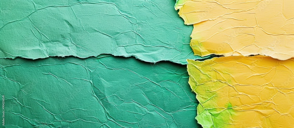 Wall mural close up image of textured green and yellow paper for a banner background with copy space image