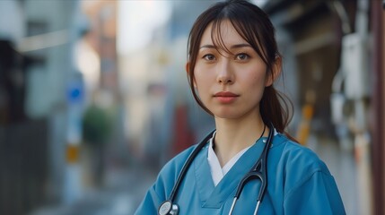 A woman in scrubs with a stethoscope on her neck