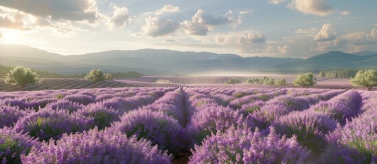 Fototapeta premium Eco farming of lavender on sunlight filled summer landscapes offers a tranquil setting with a beautiful vista perfect for a copy space image