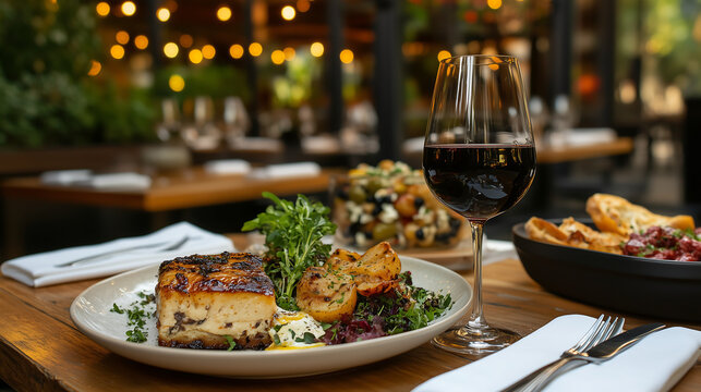 rustic wooden table set with an elegant dish of foged square lamb and fresh green salad, accompanied by red wine in glass