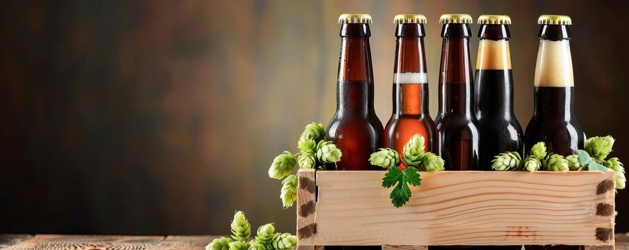 A wooden crate filled with assorted craft beer bottles, decorated with hops, National Beer Lover's Day, concept of a beer lover's selection