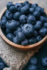 Blueberries background. Blueberry border design. Ripe and juicy fresh picked bilberries close up. Copyspace for your text