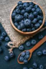 Blueberries background. Blueberry border design. Ripe and juicy fresh picked bilberries close up. Copyspace for your text