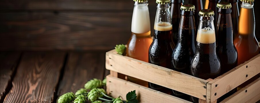 A wooden crate filled with assorted craft beer bottles, decorated with hops, National Beer Lover's Day, concept of a beer lover's selection