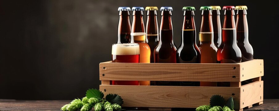 A wooden crate filled with assorted craft beer bottles, decorated with hops, National Beer Lover's Day, concept of a beer lover's selection