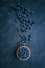Blueberries background. Blueberry border design. Ripe and juicy fresh picked bilberries close up. Copyspace for your text